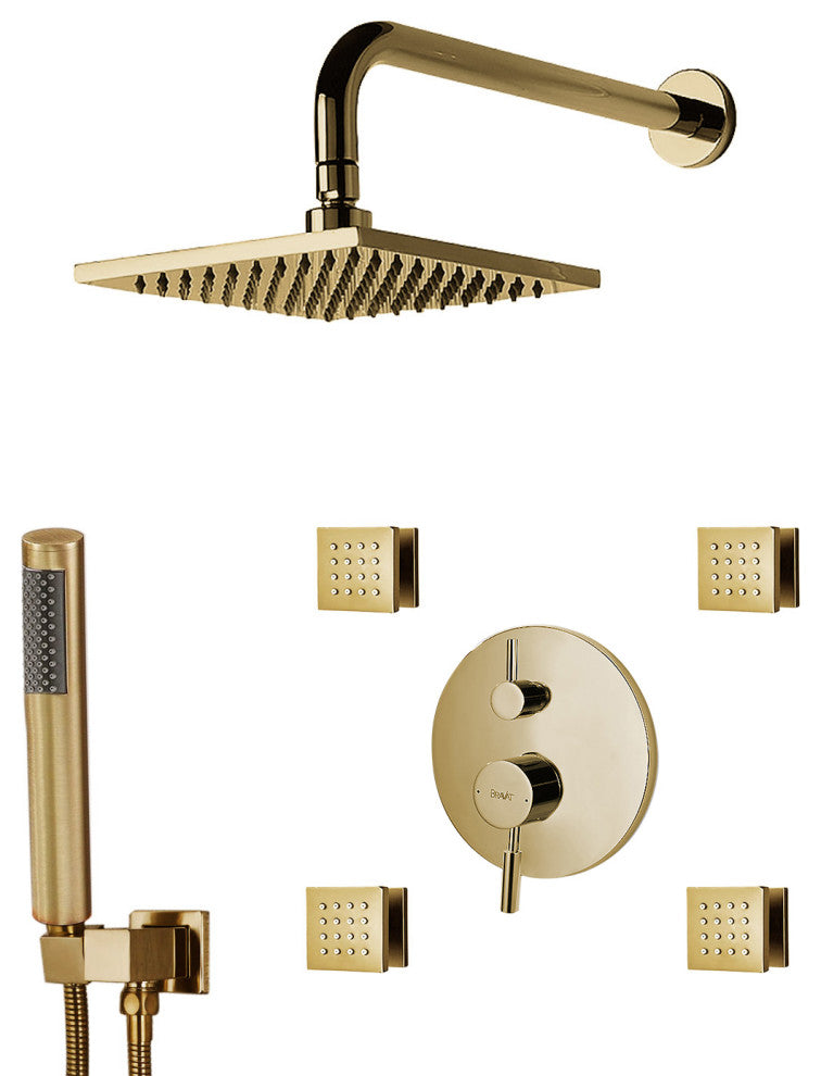 Bravat Brushed Gold Wall Mounted Square Shower Set, Valve Mixer 3-Way Concealed