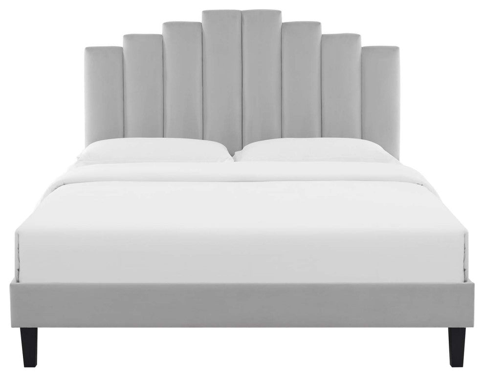 Platform Bed Frame, King Size, Velvet, Light Gray, Modern Contemporary