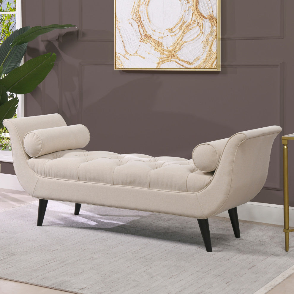 Alma 65" Tufted Entryway Bench With Bolster Pillows, Sky Neutral Beige Polyester