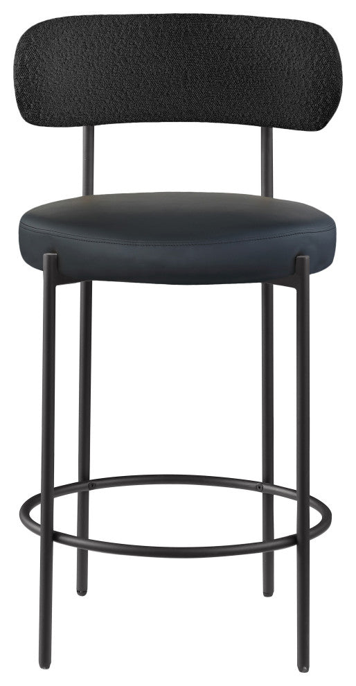Beacon Upholstered Stool, Set of 2, Black, Matte Black Finish, Vegan Leather and Boucle Fabric