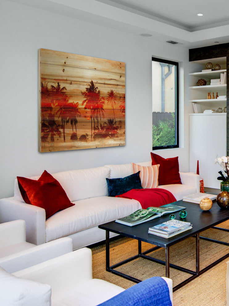 "Crimson Palms" Print on Natural Pine Wood, 32"x32"