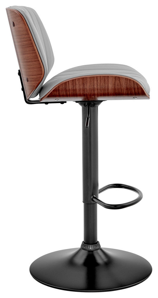 Adjustable Gray Faux Leather Black Steel and Walnut Bar Stool