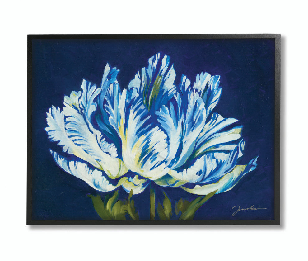 Flower Shape Blue Green Painting, 24"x30", Black Frame