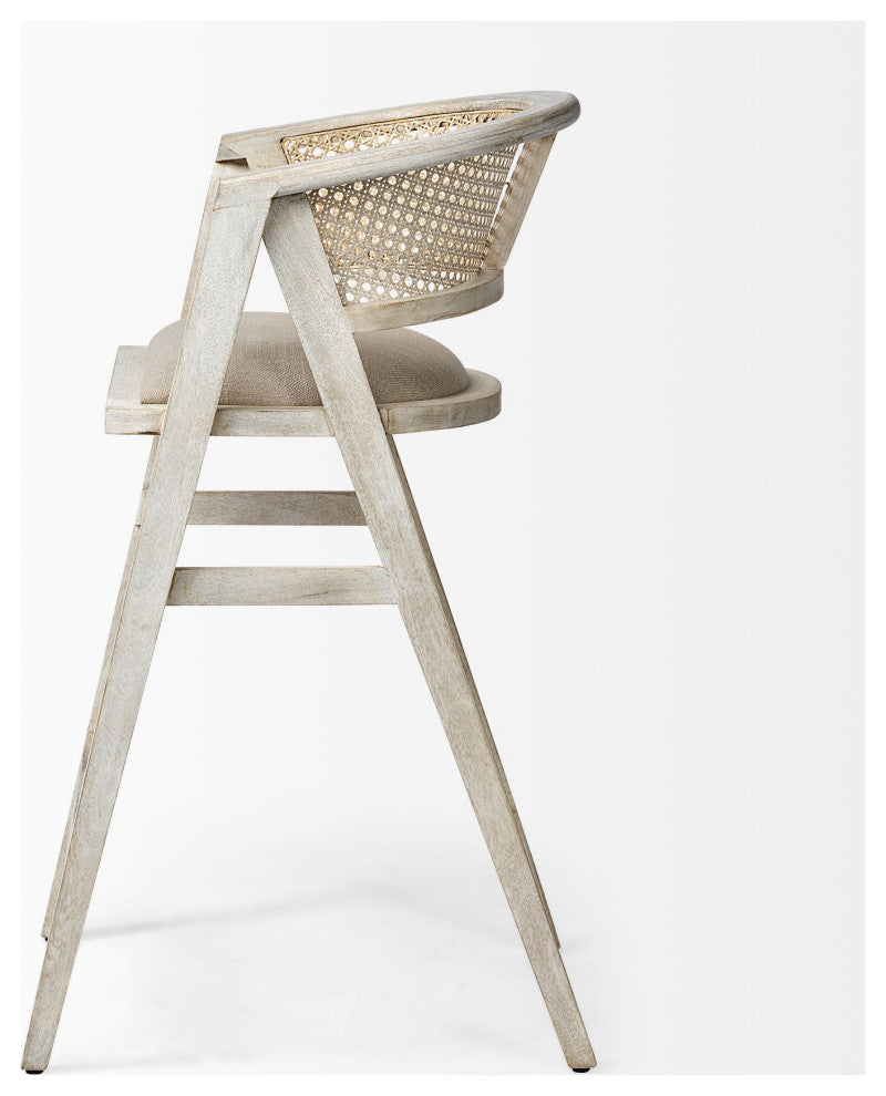 Tabitha Beige Fabric with Rattan Seat and Blonde Solid Wood Frame Bar Stool