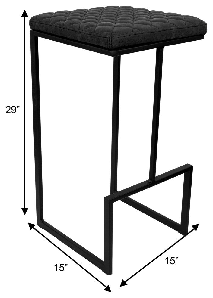 Quincy Leather Barstool Square Seats and Metal Frame Set of 2, Charcoal Black