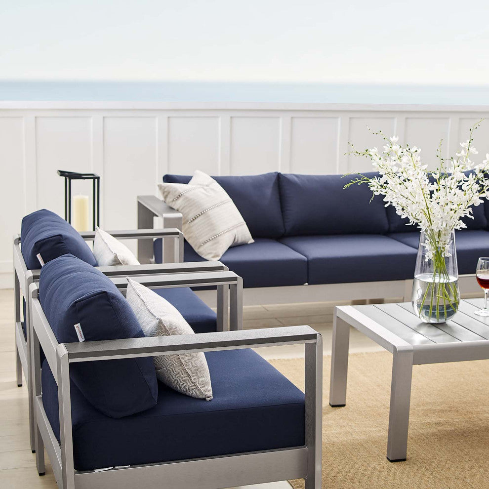 Sectional Sofa Chair Table Set, Sunbrella, Aluminum, Silver Blue Navy, Outdoor