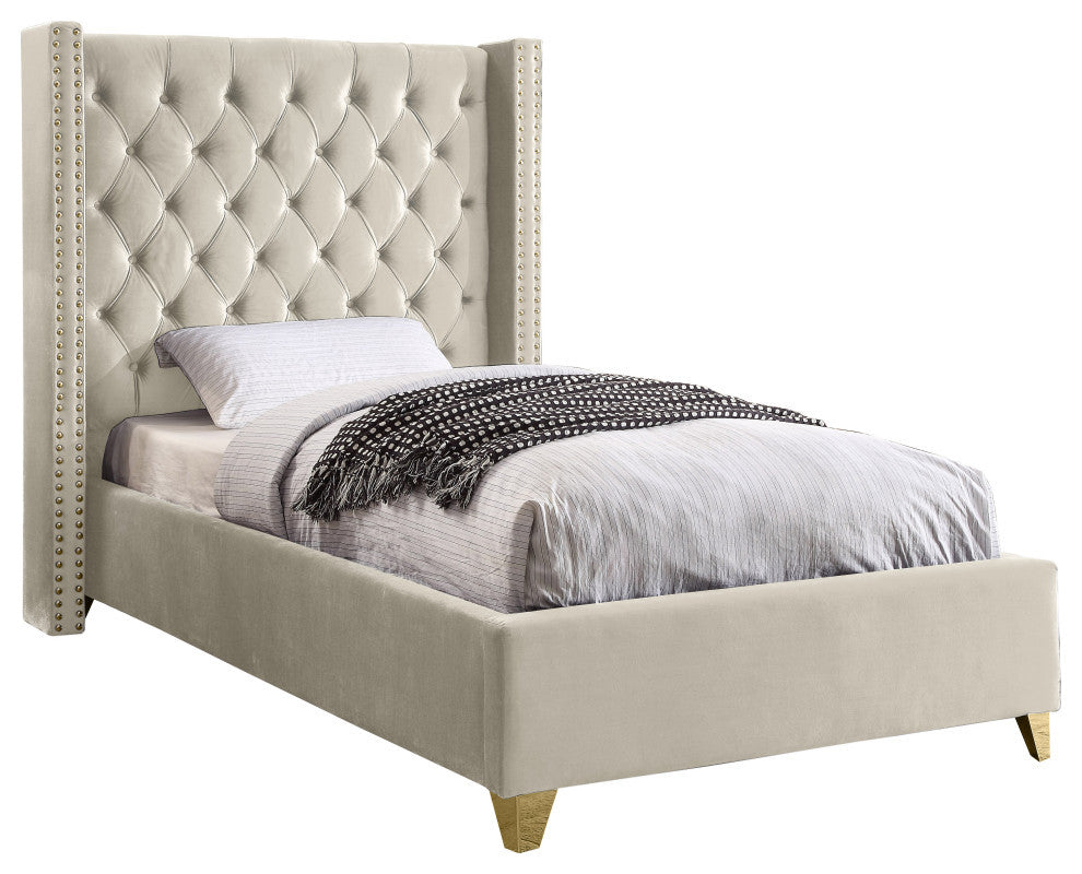 Barolo Velvet Upholstered Bed, Cream, Twin