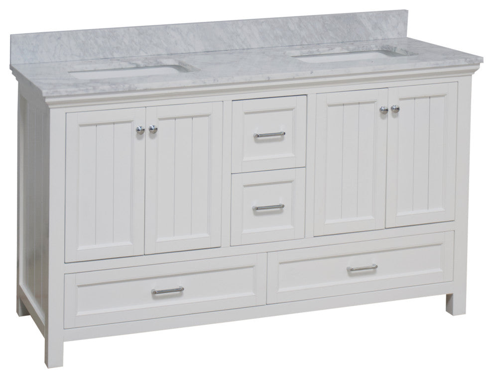 Paige 60" Bathroom Vanity, White, Carrara Marble, Double Sink
