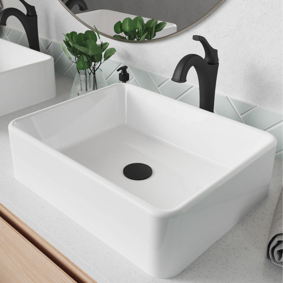 Elavo Rectangle Ceramic Vessel Sink, Bathroom Arlo Faucet, Drain, Matte