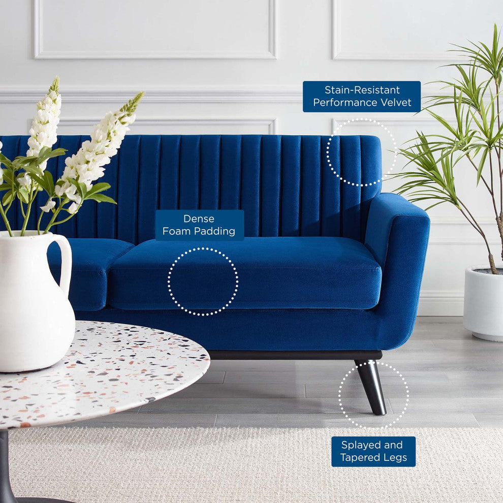Tufted Loveseat Sofa, Velvet, Blue Navy, Modern, Living Lounge Hotel Hospitality