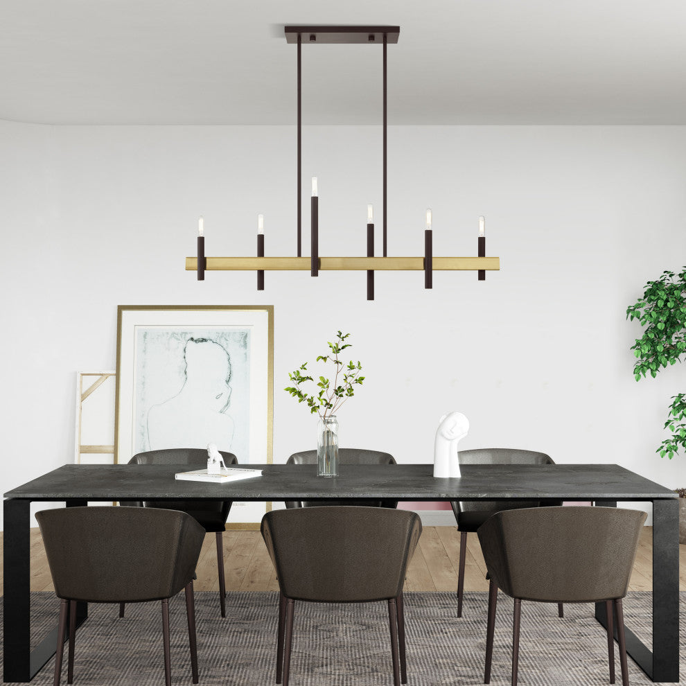 Livex Lighting Denmark 6 Light Bronze, Antique Brass Accents Linear Chandelier