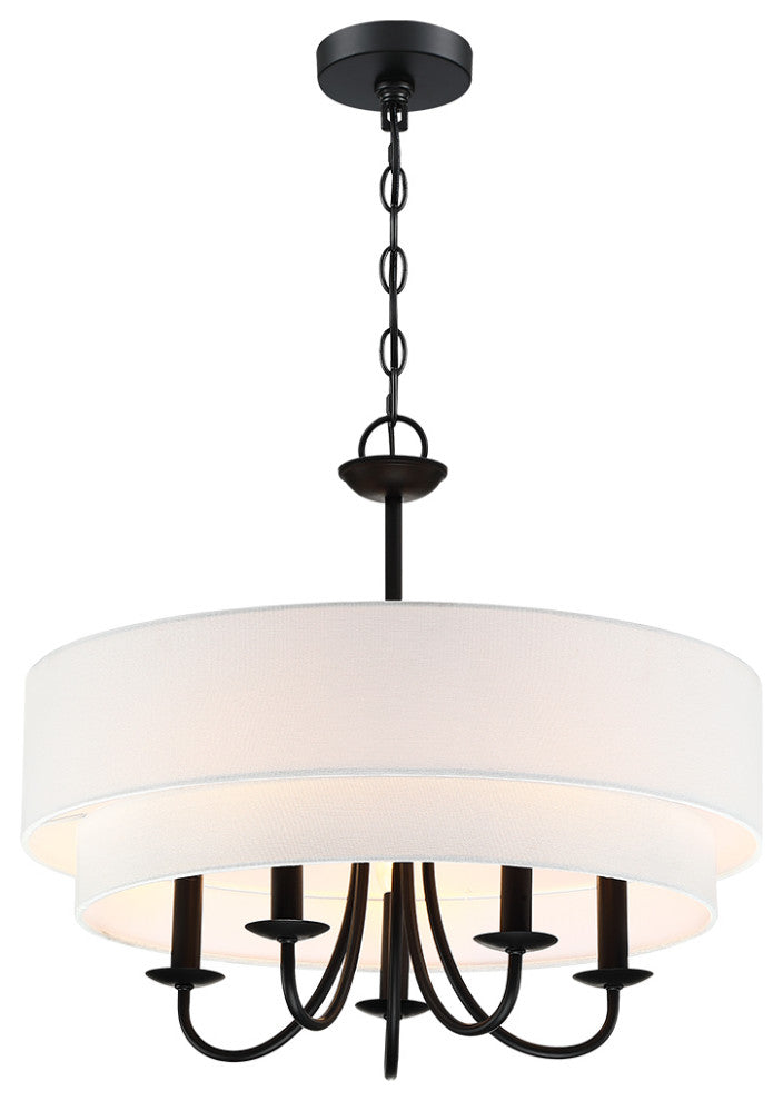 21.5"W 5-Light Black Chandelier Light With White Double Drum Shade