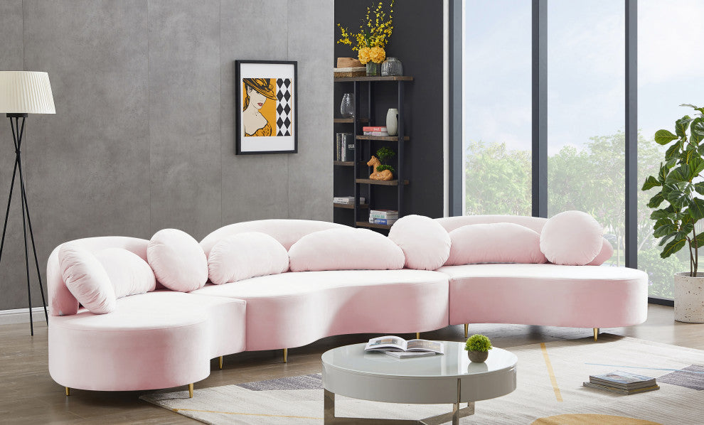 Vivacious Velvet Upholstered 3-Piece Sectional, Pink