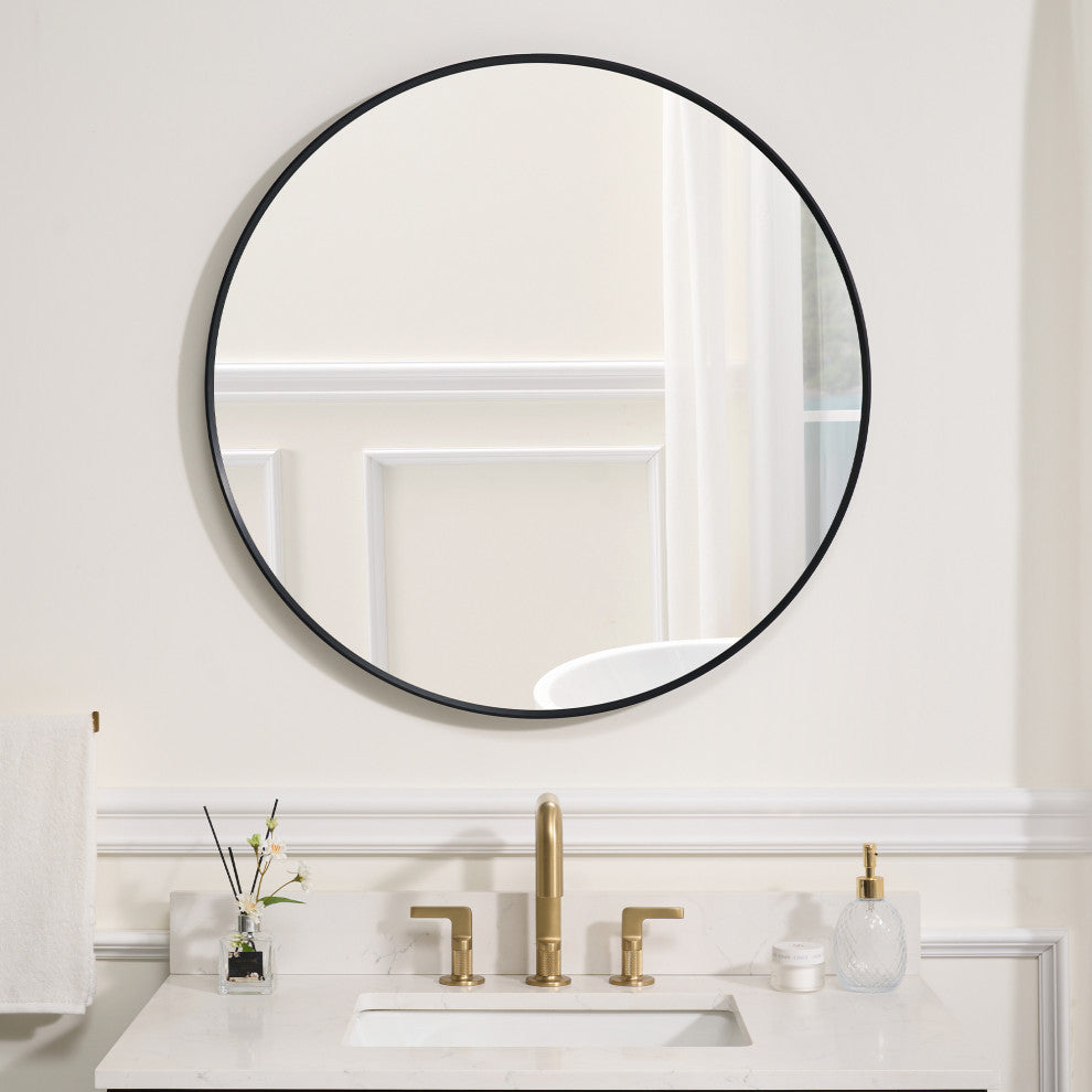 Bella Soft Corner Anodized Aluminum Wall Vanity Mirror, Matte Black, 32"x32", Round