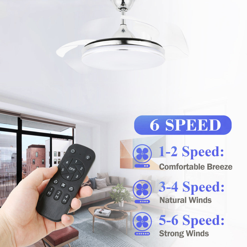 42" Modern Retractable Ceiling Fan with Light Kit and Remote Control 3 Blades, Chrome, 42"