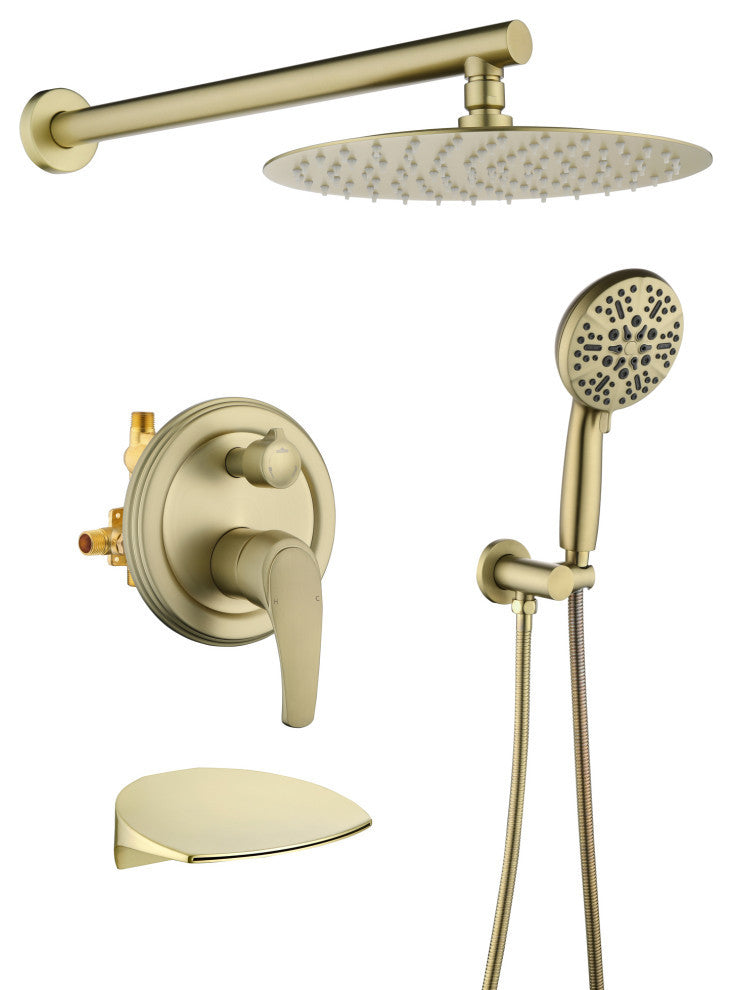 Wellfor Shower Faucet Set, 10" Ceiling Shower Head, Handheld Shower, Tub Spout, Brushed Gold