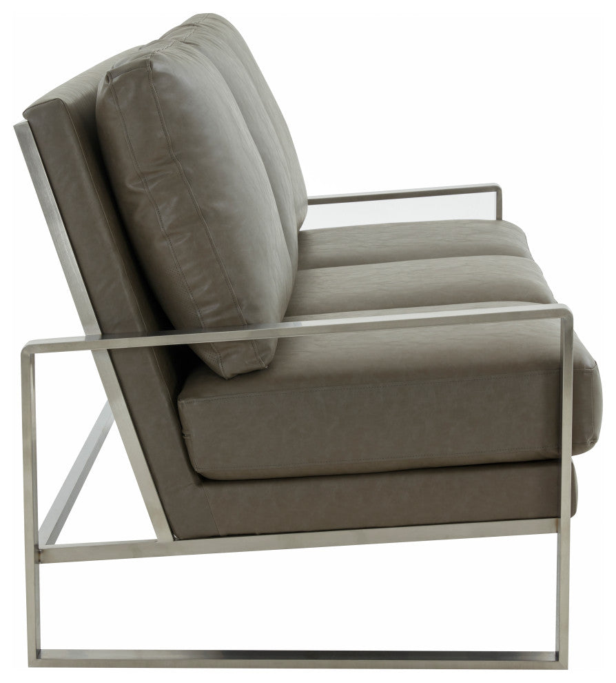 LeisureMod Jefferson Modern Faux Leather Sofa With Silver Frame, Gray