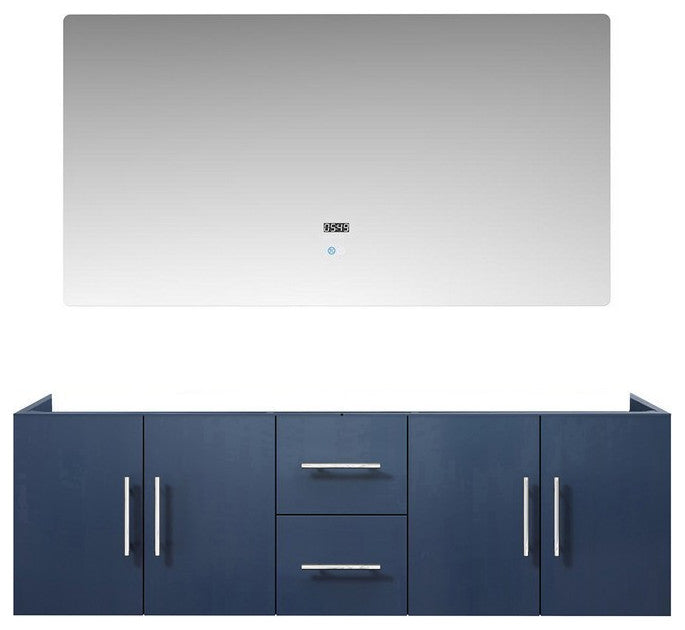 Geneva Transitional Navy Blue 60" Double Vanity with 60" Led Mirror, no Top