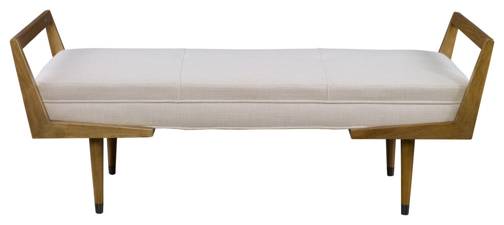 Modern Midcentury Ivory Cushion Long Bench Exposed Light Wood Frame