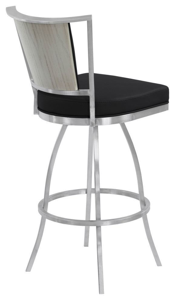 30" Sleek Black Faux Leather Brushed Stainless Steel Bar Stool