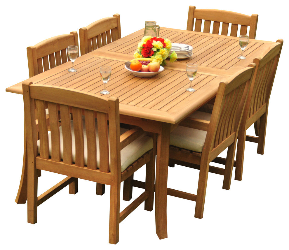 7-Piece Teak Dining Set, 117" Extension Rectangle Table, 6 Devon Arm Chairs