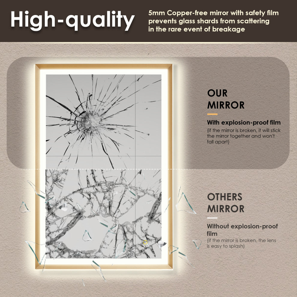 Apollo Anti-Fog Dimmable Vanity, LED Lighted Wall Mirror, Brushed Gold, 24"