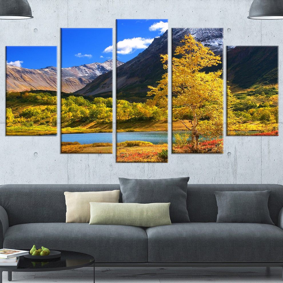 Beautiful Kamchatka Mountains, Landscape Canvas Wall Art, 60"x32", 5 Panels