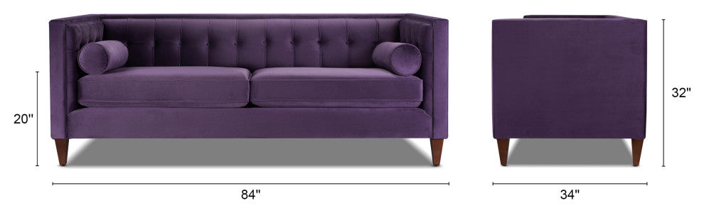 Jack 84" Modern Tuxedo Sofa With Bolster Pillows, Purple Velvet