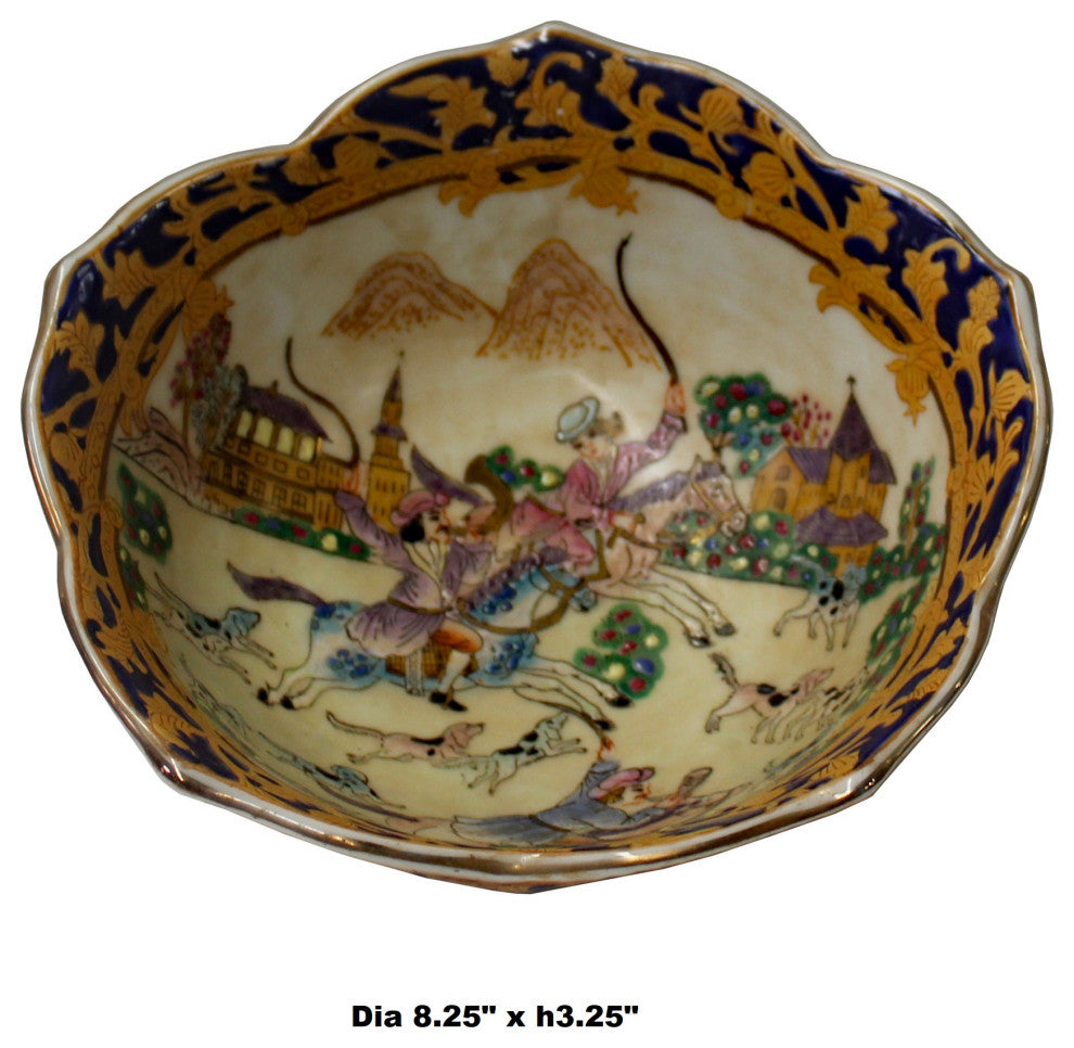 Chinese Oriental Porcelain People & Domino Puppy Bowl Container Hws785
