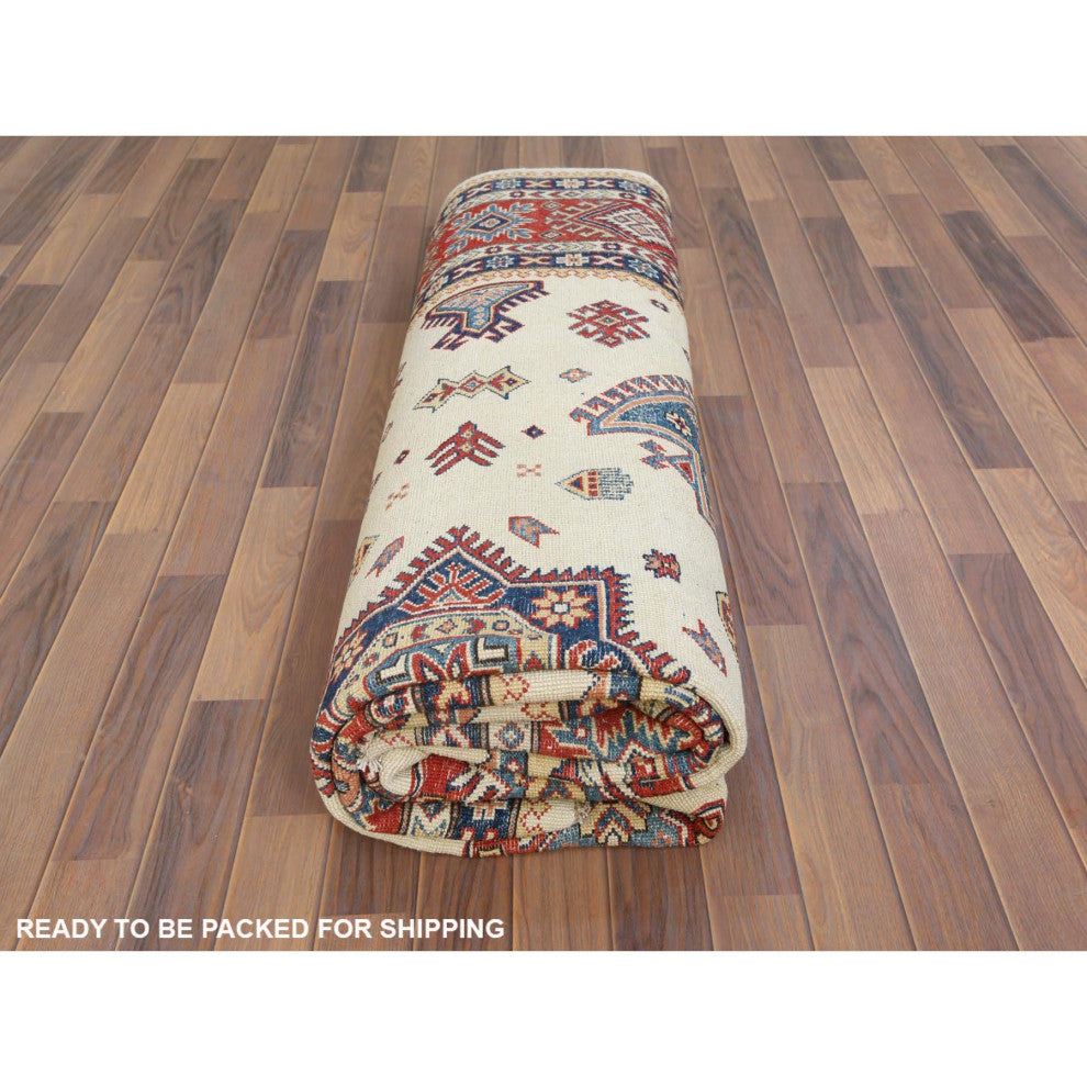 Afghan Special Kazak Shiny Wool Hand Knotted Ivory Oriental Rug 8'10" x 11'9"