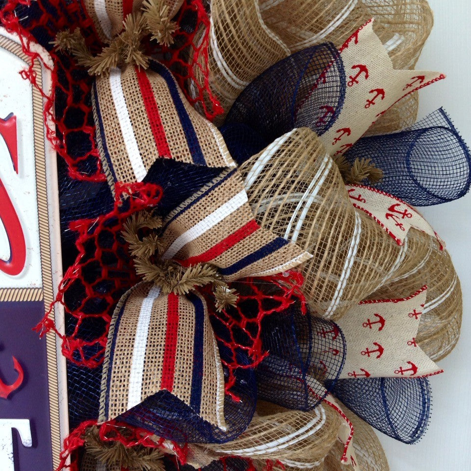 Whatever Floats Your Boat Nautical Sailing Wreath Handmade Deco Mesh