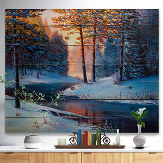 Designart River Sunset Winter Forest Landscapes Wood Wall Art 46x36