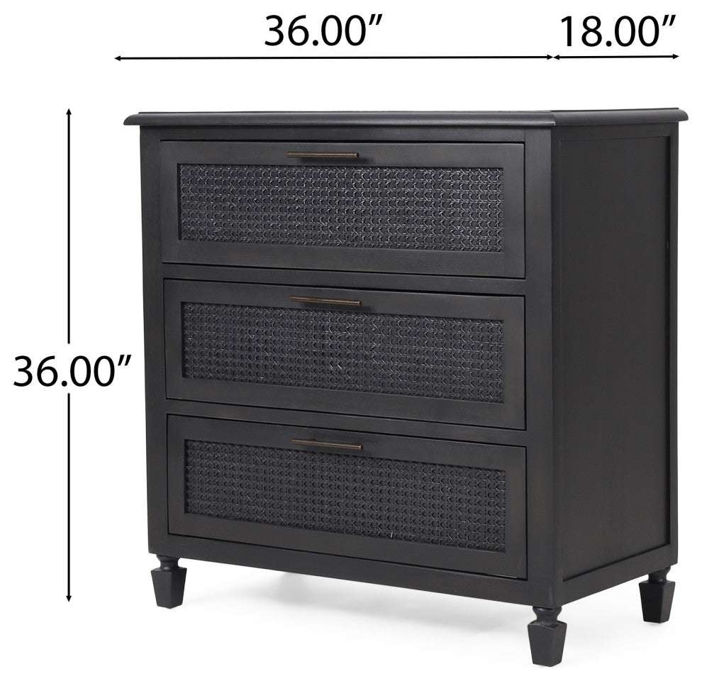 Pollards Rustic Acacia Wood and Cane 3 Drawer Dresser, Dark Gray
