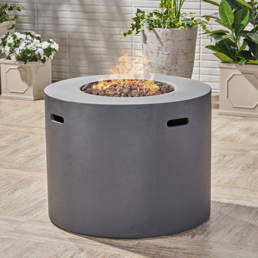 GDF Studio Leo Outdoor 31" Round Light Weight Concrete Gas Burning Fire Pit, Dark Gray