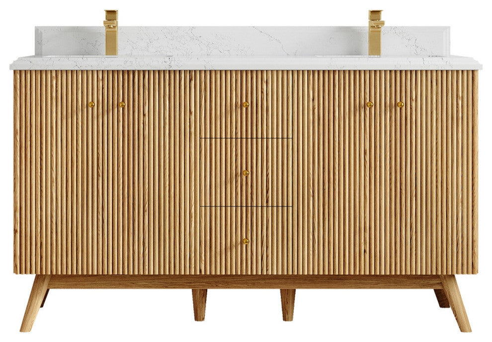 Pasadena Oak 60" Double Bathroom Vanity, White 1.5" Empira Quartz