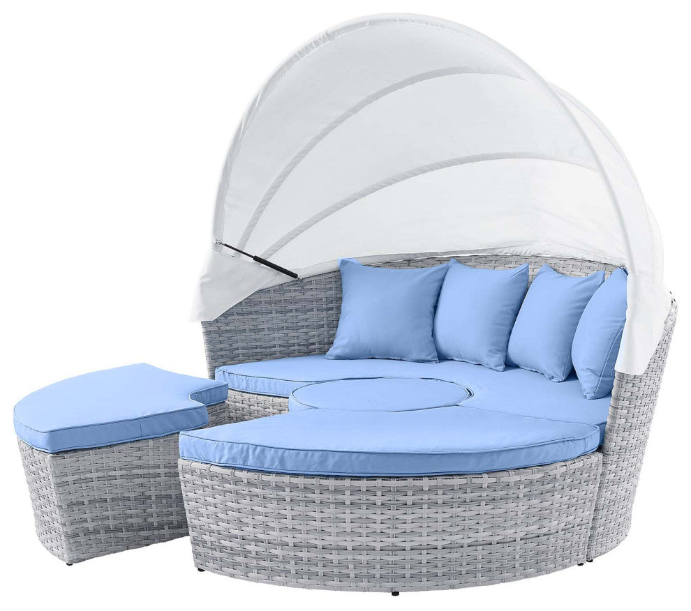 Lounge Daybed Sofa Bed, Gray Blue, Rattan, Wicker, Modern, Outdoor Patio