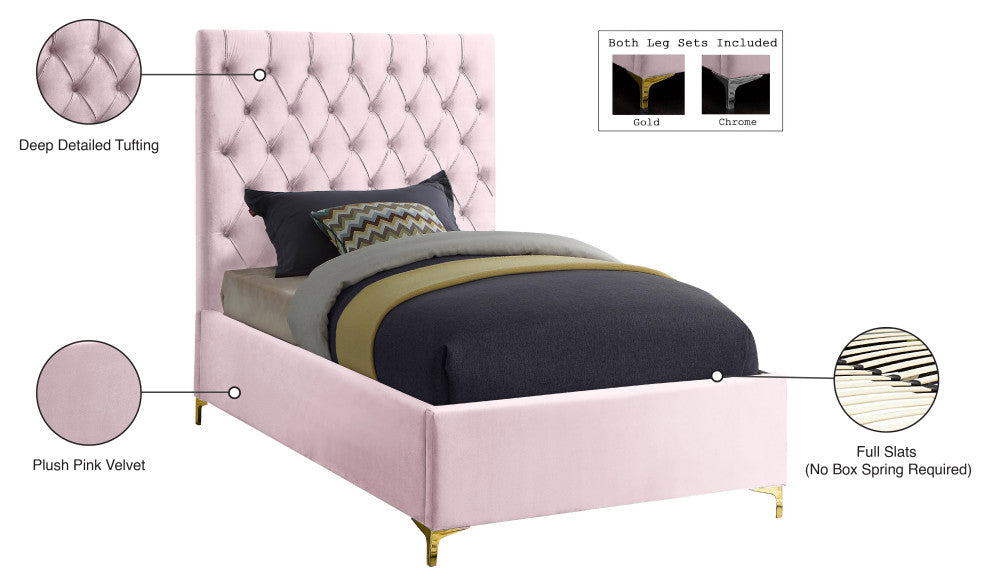Cruz Velvet Upholstered Bed, Pink, Twin