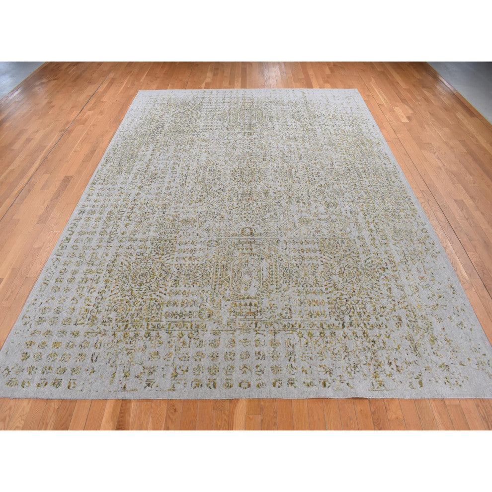Silk Gray, Broken Mamluk Design, Hand Loomed, Wool and Silk Rug, 9'10"x14'