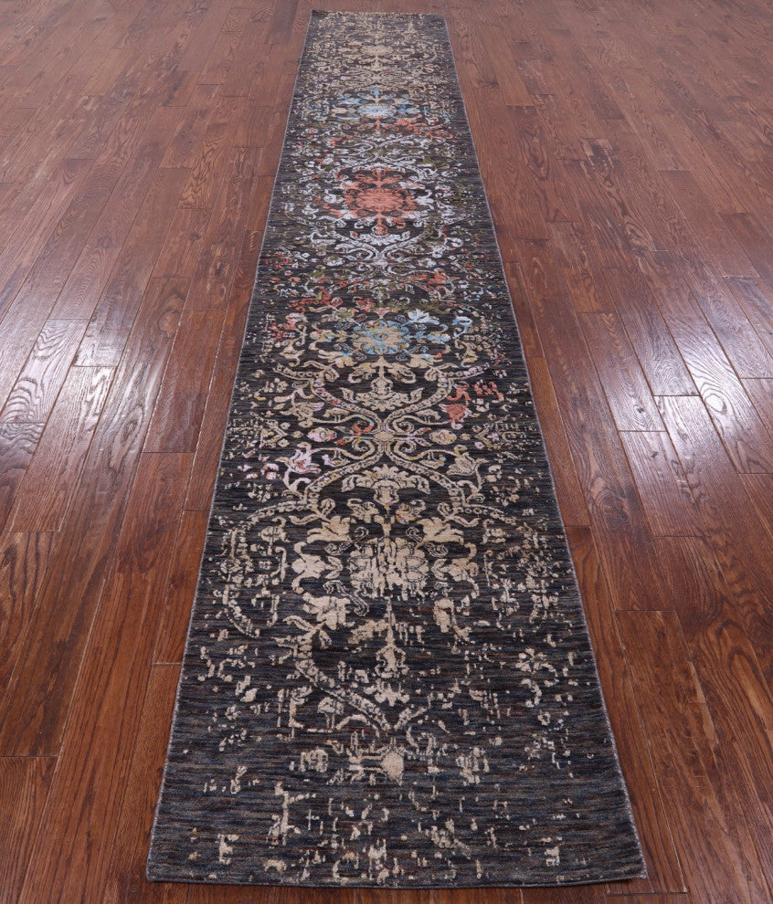2' 6" X 14' 4" Runner Modern Wool and Silk Handmade Rug Q11838