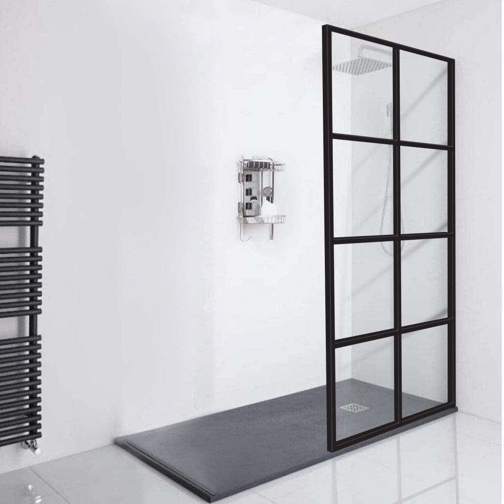 Madeira Grid Pattern Fixed Shower Screen, EnduroShield, Matte Black, 36"x76"