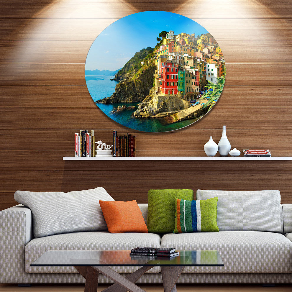 Riomaggiore Village Rocky Beach, Seashore Round Metal Wall Art, 36"