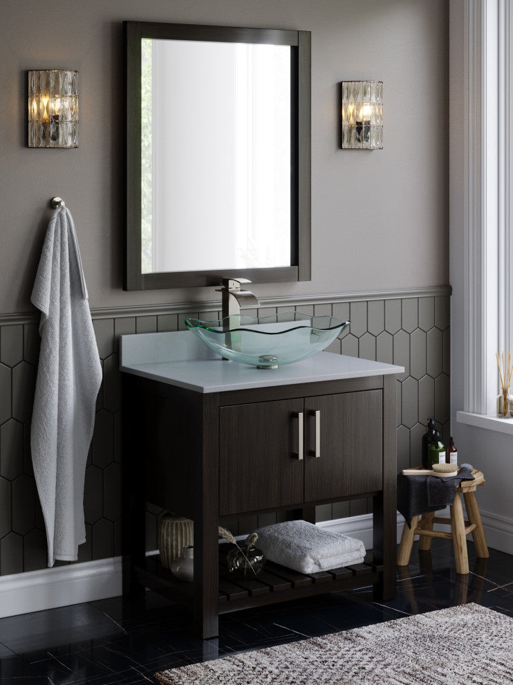 Elegante TIS-317C Clear Scalloped Glass Vessel Bathroom Sink w/ Drain Options, Brushed Nickel