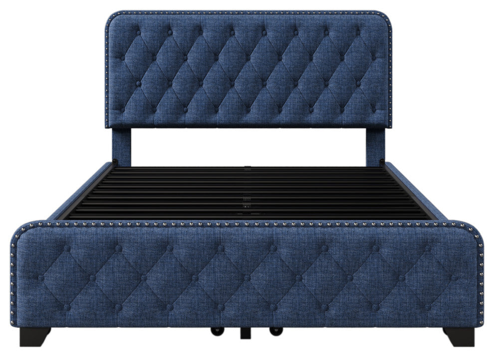 Metal Platform Bed with Headboard, Upholstered and 4-Drawer, Blue, 78.7" X 58.3"