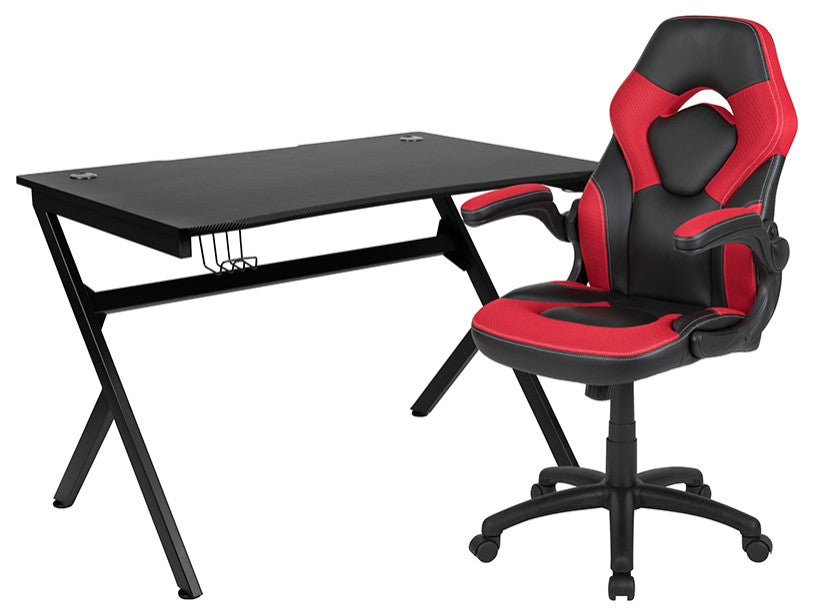 Gaming Desk & Red Racing Chair Set w/Cup Holder, Headphone Hook & 2 Wire Holes
