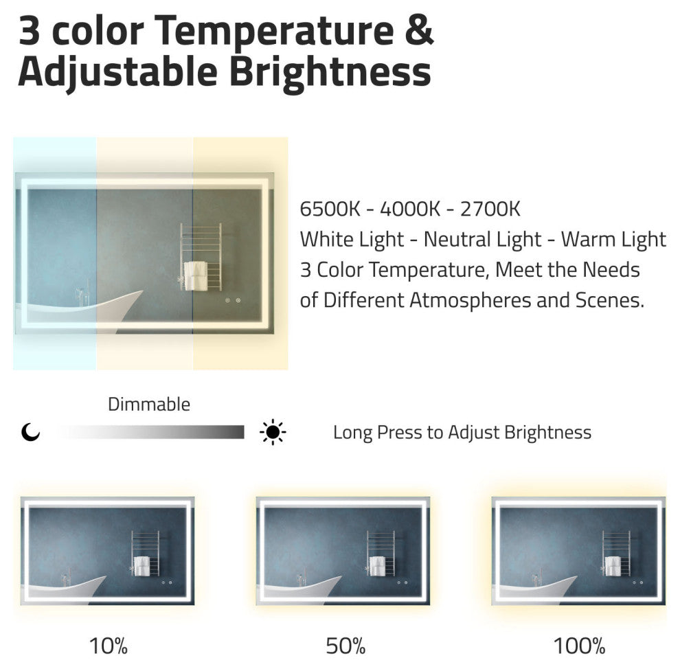 ANZZI 30" x 48" Frameless LED Front/Back Light Bathroom Mirror WithDefogger
