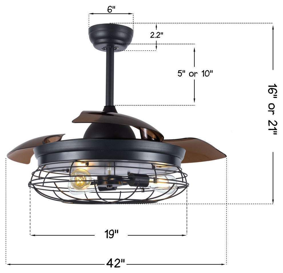 42" Vintage Industrial Ceiling Fan with Retractable Blades, Remote Control, Black