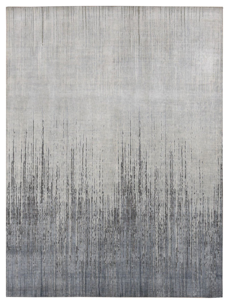 Medium Gray, Vertical Ombre Design, Pure Silk, Hand Knotted, Rug, 9'x11'10"