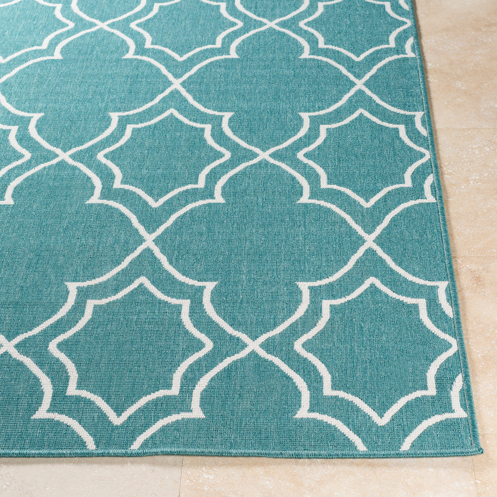 Alfresco Trellis Teal, White Area Rug, 7'3" Square