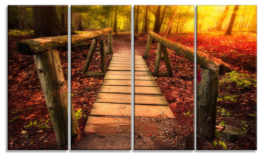 Beautiful Footbridge in Golden Light, Bridge Canvas Art Print, 48"x28", 4 Panels