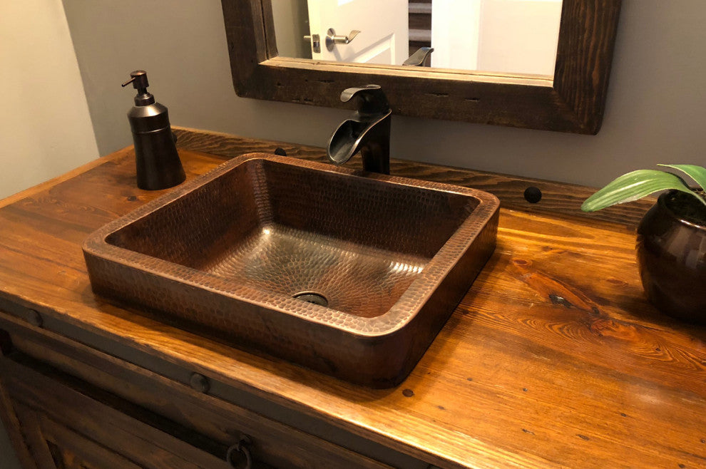 Premier Copper VREC17SKDB 17 Inch Rectangle Skirted Vessel Hammered Copper Sink